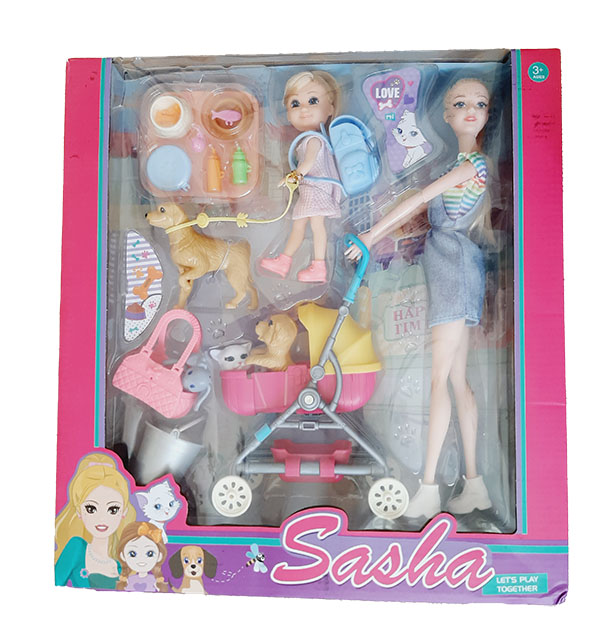 عروسک باربی مادر و دختر با کالسکه سگ و گربه