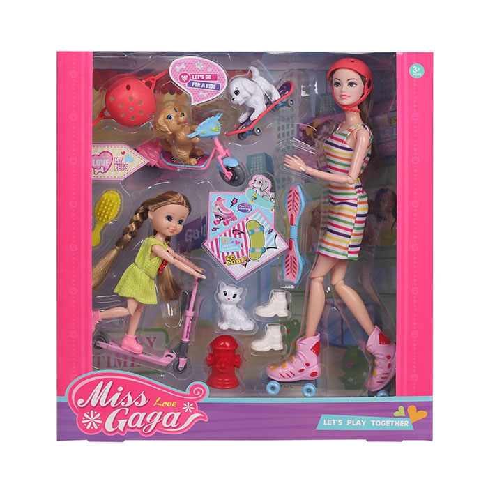 عروسک باربی مادر و دختر اسکیت سوار با سگ و گربه