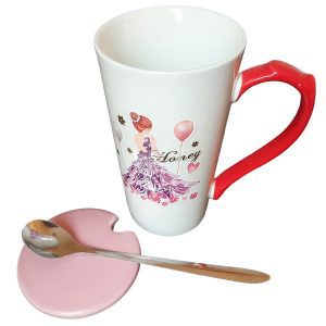 ماگ سرامیکی درب دار با قاشق فلزی مخصوص چایی و دم کردنی